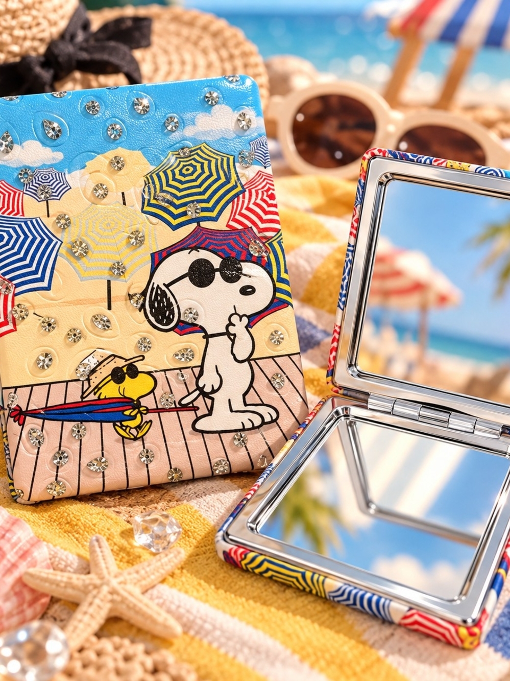 Peanuts Snoopy & Woodstock Beach Compact Mirror - Blue, Yellow, Red